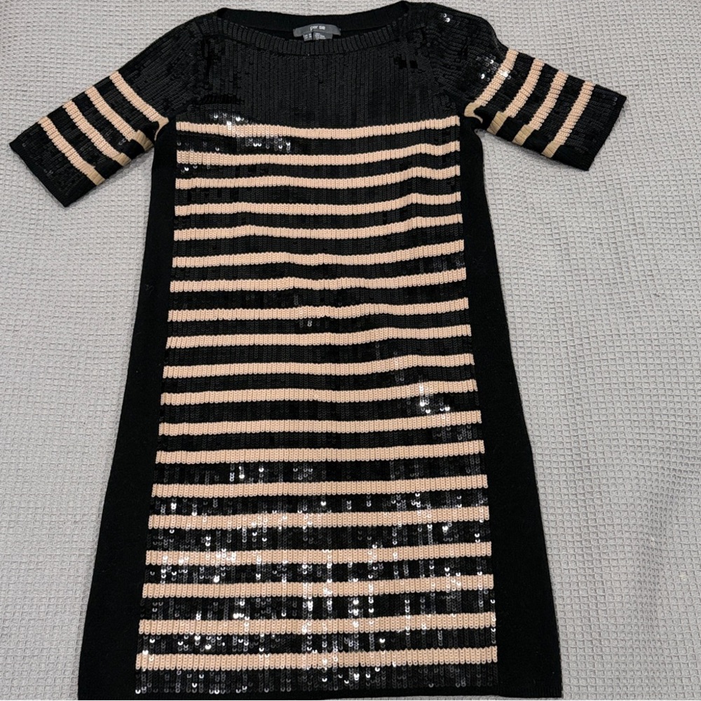 Per Se Black and Tan Striped Midi Dress